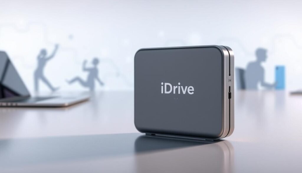 A sleek, modern IDrive backup device prominently displayed in the foreground, showcasing its compact design and LED indicators. The device is illuminated with soft, white light that highlights its metallic finish. In the middle ground, a subtle gradient backdrop features abstract digital patterns, symbolizing data flow and online storage. To the back, faintly visible are blurred silhouettes of various devices such as laptops and smartphones, suggesting comprehensive device protection. The overall mood is professional and tech-savvy, evoking a sense of reliability and security in data management. The image should have a shallow depth of field, emphasizing the IDrive device while maintaining a clean and polished look. A sleek, modern IDrive backup device prominently displayed in the foreground, showcasing its compact design and LED indicators. The device is illuminated with soft, white light that highlights its metallic finish. In the middle ground, a subtle gradient backdrop features abstract digital patterns, symbolizing data flow and online storage. To the back, faintly visible are blurred silhouettes of various devices such as laptops and smartphones, suggesting comprehensive device protection. The overall mood is professional and tech-savvy, evoking a sense of reliability and security in data management. The image should have a shallow depth of field, emphasizing the IDrive device while maintaining a clean and polished look.