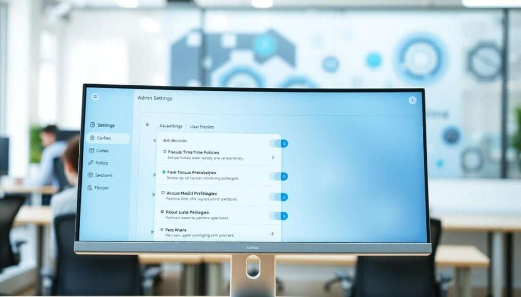 A sleek, modern admin console user interface displayed on a high-resolution monitor. The foreground features an organized, user-friendly layout with sections for user settings and policies, highlighted by soft blue and white tones. In the middle, focus on detailed dropdown menus and toggle switches, showcasing options like 'Focus Time Policies' and 'User Preferences.' The background features a blurred office environment with a hint of abstract tech designs, suggesting a professional atmosphere. The lighting is bright but soft, emulating a clean, open workspace. Capture a sense of efficiency and clarity, emphasizing a polished, intuitive digital workspace without any human figures or distractions. Aim for a professional aesthetic that conveys organization and usability. A sleek, modern admin console user interface displayed on a high-resolution monitor. The foreground features an organized, user-friendly layout with sections for user settings and policies, highlighted by soft blue and white tones. In the middle, focus on detailed dropdown menus and toggle switches, showcasing options like 'Focus Time Policies' and 'User Preferences.' The background features a blurred office environment with a hint of abstract tech designs, suggesting a professional atmosphere. The lighting is bright but soft, emulating a clean, open workspace. Capture a sense of efficiency and clarity, emphasizing a polished, intuitive digital workspace without any human figures or distractions. Aim for a professional aesthetic that conveys organization and usability.