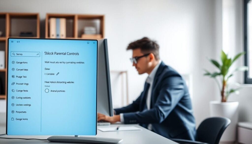 A sleek, modern computer desktop displaying the Windows Parental Controls interface prominently in the foreground, showcasing various options to block distracting websites. The interface features clear icons and a user-friendly layout, blended with soft blue hues that evoke a sense of calm and productivity. In the middle ground, a focused professional wearing business casual attire is observed working diligently at the computer, conveying an atmosphere of concentration. The background subtly hints at a minimalist office setup with organized shelves and a plant, enhancing the professional ambiance. The scene is well-lit with natural lighting coming from a nearby window, casting a gentle glow on the screen, emphasizing the importance of maintaining focus during work hours.