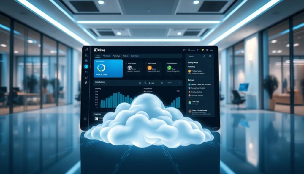 A sleek, modern digital cloud storage interface representing IDrive, centrally placed in the foreground, showcasing its user-friendly dashboard with easy navigation features. Vivid details include graphs displaying backup progress and folders for organized data storage. In the middle ground, a soft glowing representation of the cloud itself, embodying security and accessibility, with flowing data streams signifying the effortless backup process. The background features a professional office environment with minimalistic design, reflecting a tech-savvy atmosphere, illuminated by soft blue and white lighting to enhance a sense of efficiency and trust. The angle focuses on a slight overhead view to capture both the interface and the cloud's expansive nature, imbuing the image with a feel of innovation and reliability. The overall mood is confident and reassuring, emphasizing the seamless experience of using IDrive for data backup solutions. A sleek, modern digital cloud storage interface representing IDrive, centrally placed in the foreground, showcasing its user-friendly dashboard with easy navigation features. Vivid details include graphs displaying backup progress and folders for organized data storage. In the middle ground, a soft glowing representation of the cloud itself, embodying security and accessibility, with flowing data streams signifying the effortless backup process. The background features a professional office environment with minimalistic design, reflecting a tech-savvy atmosphere, illuminated by soft blue and white lighting to enhance a sense of efficiency and trust. The angle focuses on a slight overhead view to capture both the interface and the cloud's expansive nature, imbuing the image with a feel of innovation and reliability. The overall mood is confident and reassuring, emphasizing the seamless experience of using IDrive for data backup solutions.