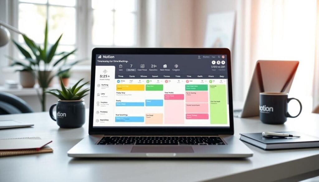 A sleek, modern digital dashboard designed for time blocking, prominently displayed on a laptop screen. In the foreground, the laptop features an organized Notion workspace with vibrant colors representing different time blocks for tasks and activities—such as meetings, deep work, and breaks. In the middle ground, a stylish home office setting includes a minimalist desk with a plant, a coffee mug, and stationery, creating an inviting atmosphere. The background showcases a bright window with natural light streaming in, illuminating the scene and adding a sense of productivity. The overall mood is focused and inspiring, capturing the essence of effective time management and workflow strategies.