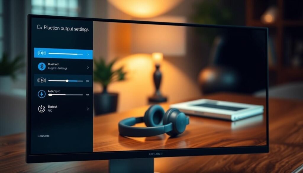 A sleek, modern digital interface displaying audio output settings on a high-resolution computer screen. The foreground features vibrant icons representing Bluetooth device connections, volume sliders, and audio output formats, all in a user-friendly layout. In the middle, a blurred image of a pair of Bluetooth headphones sits on an elegant wooden desk, hinting at their connection to the settings on the screen. The background is softly lit with a warm glow, reflecting a cozy workspace atmosphere. Subtle bokeh effects create depth, while the overall color palette focuses on calming blues and whites. The image conveys a sense of professionalism and clarity, making it ideal for users troubleshooting audio issues. A sleek, modern digital interface displaying audio output settings on a high-resolution computer screen. The foreground features vibrant icons representing Bluetooth device connections, volume sliders, and audio output formats, all in a user-friendly layout. In the middle, a blurred image of a pair of Bluetooth headphones sits on an elegant wooden desk, hinting at their connection to the settings on the screen. The background is softly lit with a warm glow, reflecting a cozy workspace atmosphere. Subtle bokeh effects create depth, while the overall color palette focuses on calming blues and whites. The image conveys a sense of professionalism and clarity, making it ideal for users troubleshooting audio issues.