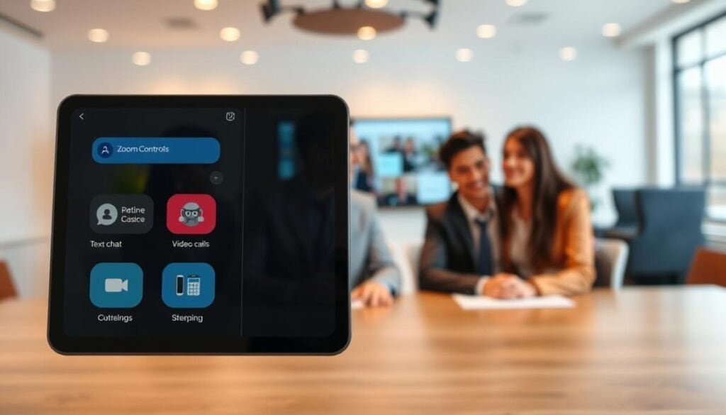 A sleek, modern digital interface representing chat controls for an online meeting platform, displayed prominently in the foreground. Include vibrant icons for text chat, video calls, and phone features, designed with a user-friendly layout. The middle ground features a blurred, professional Zoom meeting environment, where a diverse group of individuals in business attire are engaged in discussion, their expressions focused and attentive. In the background, soft ambient lighting creates a warm and inviting atmosphere, emphasizing productivity. Capture the scene from a slightly elevated angle, showcasing the digital interface prominently while maintaining a professional balance between the foreground elements and the meeting context. The overall mood is one of efficiency and collaboration in a virtual workspace. A sleek, modern digital interface representing chat controls for an online meeting platform, displayed prominently in the foreground. Include vibrant icons for text chat, video calls, and phone features, designed with a user-friendly layout. The middle ground features a blurred, professional Zoom meeting environment, where a diverse group of individuals in business attire are engaged in discussion, their expressions focused and attentive. In the background, soft ambient lighting creates a warm and inviting atmosphere, emphasizing productivity. Capture the scene from a slightly elevated angle, showcasing the digital interface prominently while maintaining a professional balance between the foreground elements and the meeting context. The overall mood is one of efficiency and collaboration in a virtual workspace.