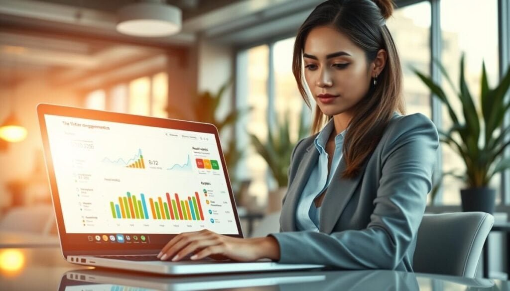 A sleek, modern digital workspace with an open laptop displaying colorful graphs and charts showcasing engagement metrics. In the foreground, a professional woman wearing business attire analyzes the data, her focused expression illuminated by soft, warm light. The middle layer features a large screen showing real-time Twitter engagement statistics, including likes, retweets, and replies, with vibrant colors that draw attention. The background reveals a contemporary office environment with plants and minimalistic decor, adding a touch of calm and productivity. The atmosphere is one of concentration and innovation, enhanced by natural daylight filtering through large windows. The overall image conveys a sense of professionalism and efficiency in monitoring social media performance, ideal for a business context.