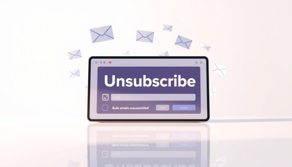A sleek, modern illustration of a digital "unsubscribe" tool displayed prominently in the foreground. The tool, designed as a user-friendly interface, features large buttons and checkboxes for bulk email selections, set against a soft, light-colored background that conveys a clean and organized feel. In the middle ground, email icons float around, hinting at multiple emails ready to be unsubscribed from. The lighting is bright and inviting, emphasizing a professional atmosphere, with reflections cast on a glossy surface, suggesting a high-tech environment. Capture the essence of streamlined productivity and ease of use, evoking a sense of relief and control over email clutter. A sleek, modern illustration of a digital "unsubscribe" tool displayed prominently in the foreground. The tool, designed as a user-friendly interface, features large buttons and checkboxes for bulk email selections, set against a soft, light-colored background that conveys a clean and organized feel. In the middle ground, email icons float around, hinting at multiple emails ready to be unsubscribed from. The lighting is bright and inviting, emphasizing a professional atmosphere, with reflections cast on a glossy surface, suggesting a high-tech environment. Capture the essence of streamlined productivity and ease of use, evoking a sense of relief and control over email clutter.
