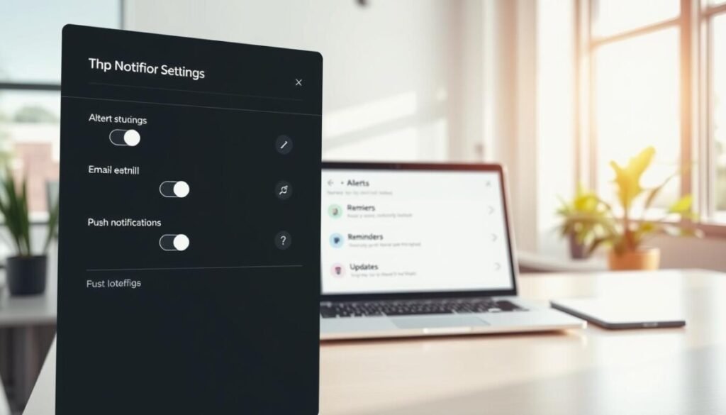 A sleek, modern interface showcasing in-app notification preferences for Adobe Creative Cloud. In the foreground, a user-friendly settings panel displays toggle switches and options for email and push notifications. The middle layer includes a bright, organized workspace with a laptop open to an Adobe Creative Cloud window, highlighting customizable settings. Subtle icons representing various notification types, such as alerts, reminders, and updates, surround the panel. The background features a softly blurred office environment with a professional, focused atmosphere, bathed in natural light streaming through a window. Use a clean, high-resolution style, capturing attention through sharp details and a harmonious color palette. The mood should convey clarity, efficiency, and focus on productivity.