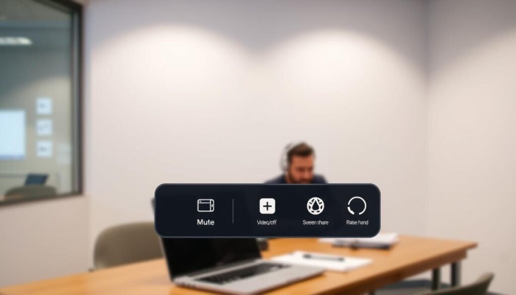 A sleek, modern meeting control toolbar displayed prominently in the foreground, featuring essential Zoom keyboard shortcut icons such as mute, video on/off, screen share, and raise hand. The toolbar is elegantly designed with a black and silver color scheme, showcasing clear, intuitive icons that reflect productivity and efficiency. In the middle ground, a blurred, softly lit office environment can be seen, with a desk setup that suggests a virtual meeting scenario, including a laptop, headset, and notepad. The background fades into a subtle gradient, suggesting a professional yet inviting atmosphere. The lighting is bright and focused, highlighting the toolbar, while maintaining a sense of calm. The overall mood is professional and organized, ideal for conveying the concept of efficient meeting control. A sleek, modern meeting control toolbar displayed prominently in the foreground, featuring essential Zoom keyboard shortcut icons such as mute, video on/off, screen share, and raise hand. The toolbar is elegantly designed with a black and silver color scheme, showcasing clear, intuitive icons that reflect productivity and efficiency. In the middle ground, a blurred, softly lit office environment can be seen, with a desk setup that suggests a virtual meeting scenario, including a laptop, headset, and notepad. The background fades into a subtle gradient, suggesting a professional yet inviting atmosphere. The lighting is bright and focused, highlighting the toolbar, while maintaining a sense of calm. The overall mood is professional and organized, ideal for conveying the concept of efficient meeting control.