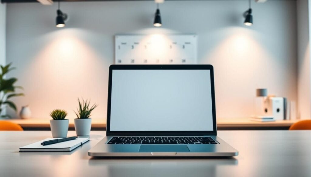 A sleek modern office desk scene in the foreground featuring an open laptop with a clear digital inbox interface displayed on the screen. Surround the laptop with neatly arranged stationery, such as a notepad, pen, and a small potted plant for a touch of greenery. In the middle background, there is a softly lit wall displaying a large calendar with organized tasks and reminders, conveying a sense of productivity. The overall lighting is bright yet warm, creating an inviting atmosphere conducive to focus and concentration. Use a slightly elevated angle to capture the scene, emphasizing the organized workspace and clean lines, reflecting a professional and efficient environment ideal for managing inboxes and notifications effectively.