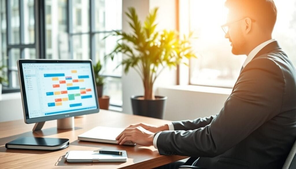 A sleek, modern office environment filled with natural light streaming through large windows. In the foreground, a professional individual, dressed in smart business attire, is focused on their laptop, visibly managing an Outlook calendar. The screen displays a clear, colorful representation of busy/free slots, with details intentionally blurred to emphasize privacy. In the middle ground, a well-organized desk is adorned with a stylish planner and a digital tablet, hinting at productivity. The background features soft greenery from potted plants, creating a calm and focused atmosphere. The lighting is bright and inviting, casting soft shadows that enhance the professional and organized mood of the scene. The scene is framed with a slight angle to give depth and a dynamic perspective. A sleek, modern office environment filled with natural light streaming through large windows. In the foreground, a professional individual, dressed in smart business attire, is focused on their laptop, visibly managing an Outlook calendar. The screen displays a clear, colorful representation of busy/free slots, with details intentionally blurred to emphasize privacy. In the middle ground, a well-organized desk is adorned with a stylish planner and a digital tablet, hinting at productivity. The background features soft greenery from potted plants, creating a calm and focused atmosphere. The lighting is bright and inviting, casting soft shadows that enhance the professional and organized mood of the scene. The scene is framed with a slight angle to give depth and a dynamic perspective.