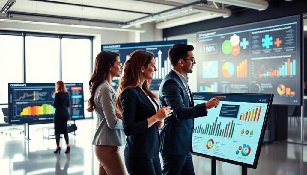 A sleek, modern office environment setting the stage for self-service analytics governance. In the foreground, a diverse group of three professionals—two women and one man—are actively engaging with a large, interactive dashboard displaying various colorful data visualizations. They are dressed in professional business attire, emphasizing focus and collaboration. In the middle ground, large screens feature data governance charts and graphs, with visual metaphors for balance, such as scales and puzzle pieces, intertwined with icons representing analytics and compliance. The background showcases a bright, open workspace with large windows letting in natural light, creating an atmosphere of innovation and teamwork. The overall mood is dynamic and collaborative, highlighting the importance of balancing self-service analytics with robust data governance practices. A sleek, modern office environment setting the stage for self-service analytics governance. In the foreground, a diverse group of three professionals—two women and one man—are actively engaging with a large, interactive dashboard displaying various colorful data visualizations. They are dressed in professional business attire, emphasizing focus and collaboration. In the middle ground, large screens feature data governance charts and graphs, with visual metaphors for balance, such as scales and puzzle pieces, intertwined with icons representing analytics and compliance. The background showcases a bright, open workspace with large windows letting in natural light, creating an atmosphere of innovation and teamwork. The overall mood is dynamic and collaborative, highlighting the importance of balancing self-service analytics with robust data governance practices.