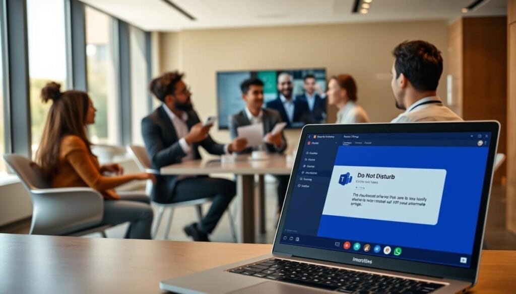 A sleek, modern office environment where a diverse team of professionals are engaged in a video call on a large screen. In the foreground, a laptop displays the Microsoft Teams interface with the "Do Not Disturb" status activated, represented by a glowing red indicator. The middle ground features three individuals sitting at a conference table, dressed in smart casual attire, showing focus as they present slides to each other. In the background, large windows reveal a bright day, suggesting an optimistic atmosphere. The lighting is bright and natural, highlighting the expressions of concentration and teamwork. The scene conveys a mood of professionalism and collaboration, emphasizing the importance of automatic status changes during presentations in a seamless workspace.
