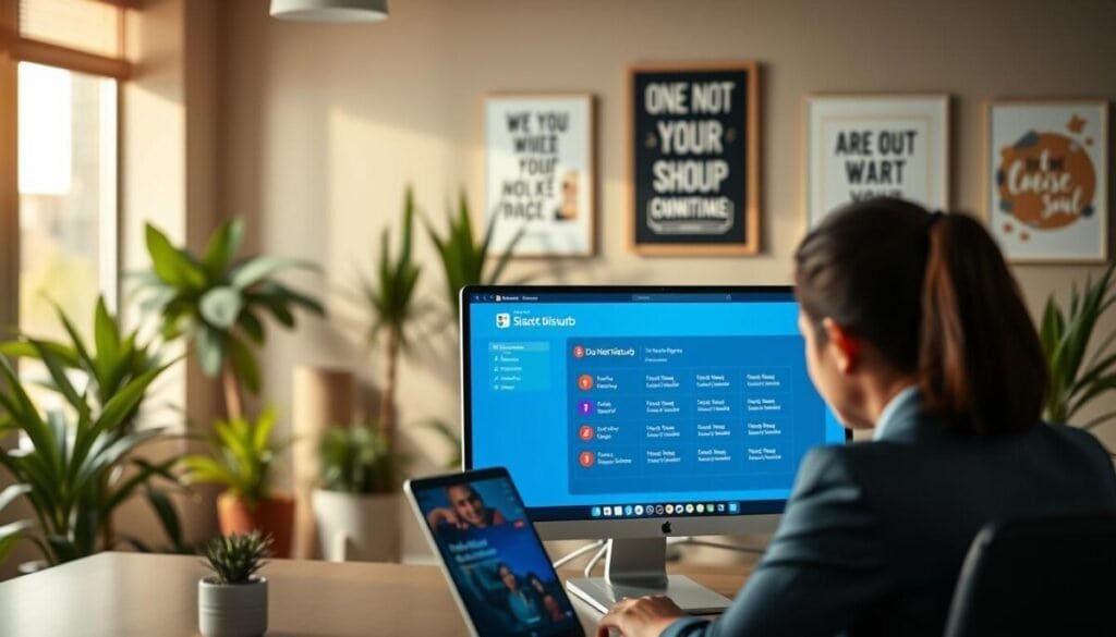 A sleek, modern office workspace featuring a computer screen displaying a Slack interface with a "Do Not Disturb" schedule. In the foreground, a person in professional business attire is focused on their work, using a laptop. The middle ground showcases the computer screen clearly, with the vivid colors of red indicating "Do Not Disturb" times against a soft blue background of the Slack interface. The background features stylish office decor, including plants and motivational posters, softly blurred to create depth. The lighting is warm and inviting, with natural light filtering through a window, casting gentle shadows. The atmosphere is calm and productive, emphasizing focus and well-being while working remotely.