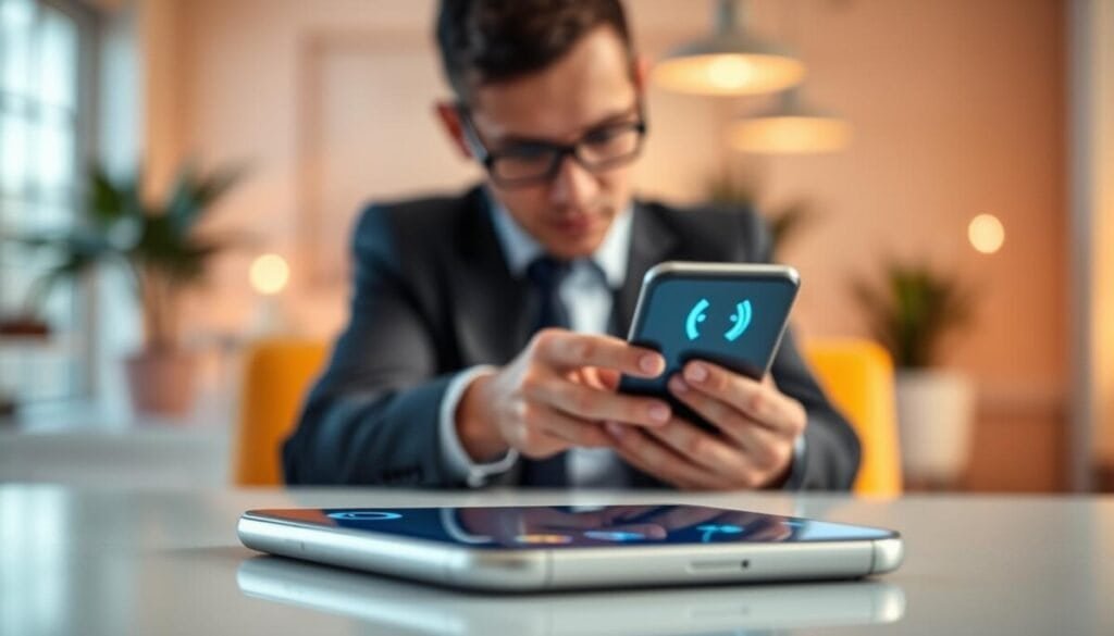 A sleek, modern smartphone is depicted in the foreground, displaying a vibrant 'Do Not Disturb' icon with a calming blue glow. The middle layer features a professional individual, dressed in business attire, focusing intently on the phone, symbolizing productivity and work-life balance. The background shows a softly lit, contemporary office environment with warm lighting, blurred silhouettes of office furniture and plants to create a serene atmosphere. The scene conveys a sense of tranquility and concentration, suggesting the effective management of notifications during work hours. Use a shallow depth of field to emphasize the phone and the individual, enhancing the mood of focus and professionalism.