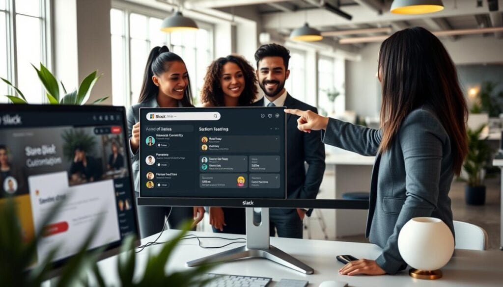 A sleek, modern workspace featuring a computer screen displaying a Slack interface with vibrant status customization options. In the foreground, a diverse group of three individuals dressed in professional business attire are engaged in a brainstorming session, with one person pointing at the screen, highlighting advanced customization features. The middle ground showcases a stylish workspace with lush indoor plants and minimalistic office decor, while the background includes large windows letting in soft, natural light, creating an inviting atmosphere. The scene conveys a sense of collaboration and creativity, with warm tones and a focus on teamwork. The lens captures an inviting angle, highlighting both the individuals and the technology they are interacting with. A sleek, modern workspace featuring a computer screen displaying a Slack interface with vibrant status customization options. In the foreground, a diverse group of three individuals dressed in professional business attire are engaged in a brainstorming session, with one person pointing at the screen, highlighting advanced customization features. The middle ground showcases a stylish workspace with lush indoor plants and minimalistic office decor, while the background includes large windows letting in soft, natural light, creating an inviting atmosphere. The scene conveys a sense of collaboration and creativity, with warm tones and a focus on teamwork. The lens captures an inviting angle, highlighting both the individuals and the technology they are interacting with.