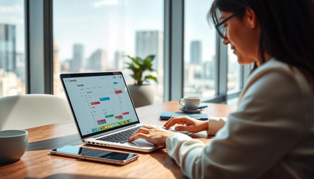 A sleek, modern workspace featuring a laptop displaying the Calendly interface alongside a Google Calendar screen. In the foreground, a professional-looking individual (woman) in smart casual attire is using the laptop, concentrating on scheduling appointments. The middle ground includes a stylish desk with a notepad, a smartphone, and a coffee cup. The background features a well-lit office environment with a large window showing a city skyline, inviting natural light. Soft shadows enhance the professionalism of the setting. The lens captures a slight depth of field, focusing on the laptop while gently blurring the background, creating a clean and engaging composition that evokes productivity and organization.