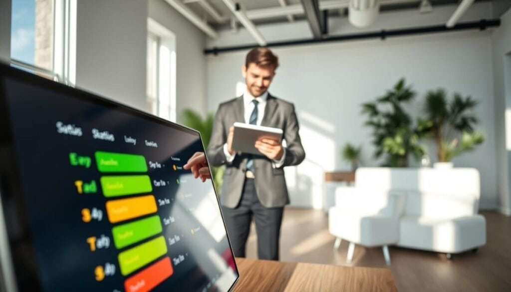 A sleek, modern workspace featuring a vibrant status column displayed on a digital screen. The foreground shows a close-up of the screen, with colorful status indicators like green for "available," yellow for "in progress," and red for "unavailable." In the middle ground, a professional individual in smart business attire is interacting with the screen, using a tablet to update their schedule. The background includes a well-lit office environment with plants and minimalistic furniture, enhancing a productive atmosphere. Soft, natural lighting casts gentle shadows, and the angle captures the screen and the individual's engagement from a slightly elevated viewpoint, creating an inviting and dynamic mood. The overall composition reflects a focus on organization and efficient daily updates.