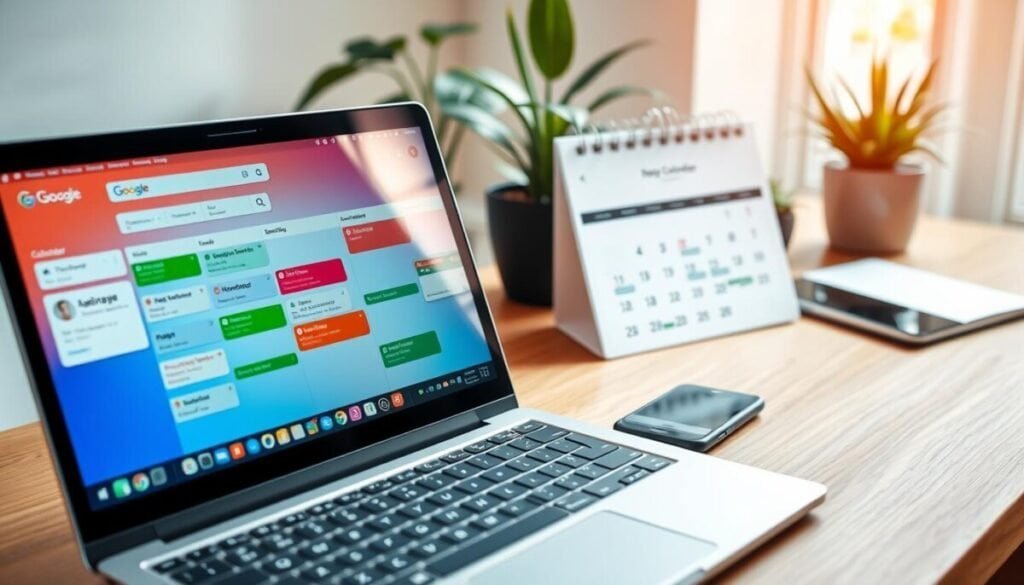 A sleek, modern workspace showcasing the essential features for syncing Google Calendar with other apps. In the foreground, a high-tech laptop displays a vibrant Google Calendar interface, highlighting color-coded events and integration icons. The middle layer features a stylish printed calendar and a smartphone with calendar sync notifications visible. In the background, a well-organized desk with plants and a notepad creates a productive atmosphere. Use soft, natural lighting to evoke a sense of tranquility and focus, with a slight bokeh effect to draw attention to the calendar elements. The overall mood is professional and organized, conveying efficiency and modernity in personal time management.