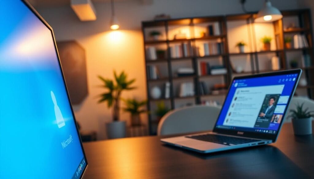 A sleek modern workspace with a desktop computer displaying a vibrant Windows 11 interface, highlighting the "Priority Notifications" feature. In the foreground, focus on the glowing notification bell icon, radiating subtle light to indicate urgency. In the middle, include a laptop with Microsoft Teams opened, showing a chat screen with muted notifications. The background features a cozy office environment with warm lighting, soft focus on a stylish bookshelf filled with books and plants, enhancing a serene yet professional atmosphere. Use a slightly elevated angle to capture the entire scene, creating a dynamic composition that conveys productivity and focus without distractions. The mood should be calm and focused, promoting effective work habits.