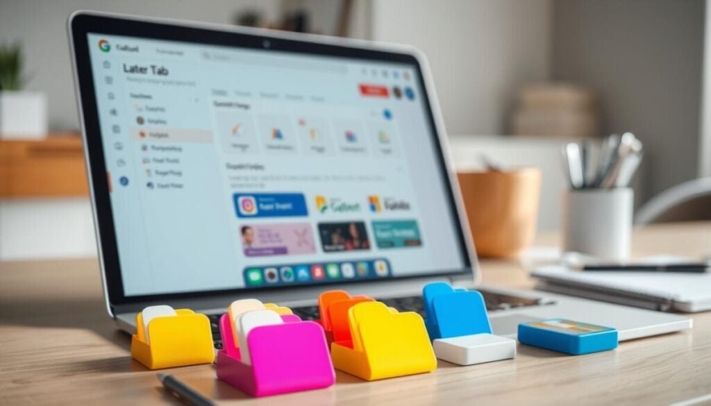 A sleek, organized digital workspace showcasing the "Later Tab" in a Slack-like interface. In the foreground, several vibrant, neatly arranged saved messages and file icons are displayed, conveying a sense of clarity and efficiency. The middle layer features an aesthetically pleasing layout with folders and categories, each representing different projects or topics. The background is a soft-focus modern office setting with a laptop and notepad, hinting at productivity. Soft, natural lighting illuminates the scene, suggesting a calm yet focused atmosphere. The perspective is slightly angled, highlighting the interface as the main subject. The overall mood reflects mastery over digital organization, inviting viewers to explore the potential of streamlined communication and file management.