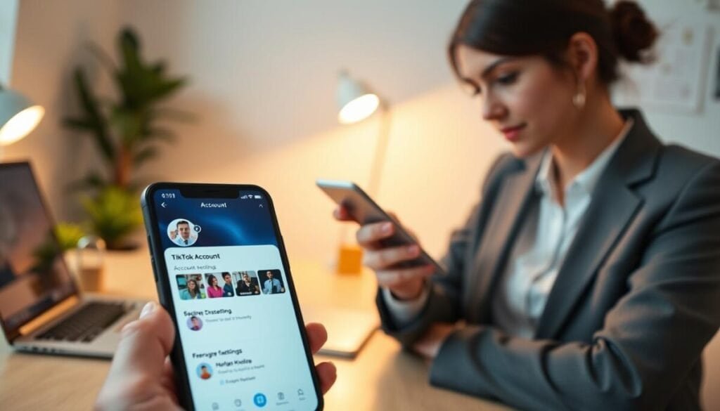 A smartphone displaying a TikTok account interface in the foreground, showcasing a colorful profile picture and engaging video thumbnails. The middle ground features a focused view of a person in professional business attire, intently reviewing their account security settings on the phone. Soft, ambient lighting creates a warm and inviting atmosphere, enhancing the sense of security and professionalism. In the background, a modern workspace is visible with a laptop, plant, and some security-related items like a padlock and checklist subtly placed around, reinforcing the theme of account safety. The angle is slightly above the subject, capturing the interaction with the device while ensuring the environment feels organized and secure.
