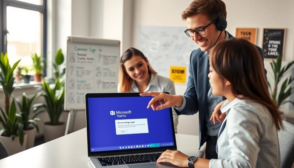 A smiling, professional-looking IT support person in business attire stands in the foreground, assisting a user at a modern desk with a laptop displaying a Microsoft Teams login screen. The user, appearing slightly frustrated, gazes at the screen, while the helper points towards it, offering guidance. In the middle ground, a whiteboard filled with notes and diagrams about common sign-in issues looms, subtly suggesting a troubleshooting environment. Soft, natural light filters in through a window, casting a warm glow that enhances the friendly atmosphere. The background features a contemporary office space, with plants and motivational posters, creating an inviting and reassuring mood for those facing sign-in troubles. The angle captures the interaction from slightly above, focusing on the expressions and engagement between the two individuals. A smiling, professional-looking IT support person in business attire stands in the foreground, assisting a user at a modern desk with a laptop displaying a Microsoft Teams login screen. The user, appearing slightly frustrated, gazes at the screen, while the helper points towards it, offering guidance. In the middle ground, a whiteboard filled with notes and diagrams about common sign-in issues looms, subtly suggesting a troubleshooting environment. Soft, natural light filters in through a window, casting a warm glow that enhances the friendly atmosphere. The background features a contemporary office space, with plants and motivational posters, creating an inviting and reassuring mood for those facing sign-in troubles. The angle captures the interaction from slightly above, focusing on the expressions and engagement between the two individuals.