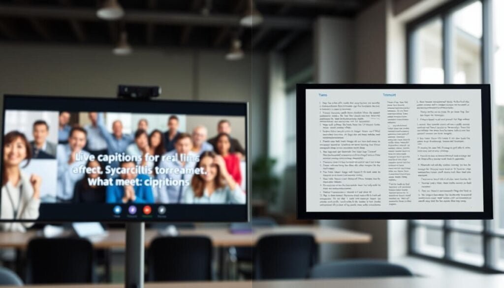A split-screen illustration depicting the differences between live captions and transcription in a Microsoft Teams meeting context. On the left side, show a close-up of a digital screen showcasing live captions in real-time during a meeting, with a dynamic background of blurred, excited participants in a video call. On the right side, display a neatly organized transcript document with text neatly formatted, representing a post-meeting summary. Set the scene in a modern office environment with soft, natural lighting coming from a window, creating an engaging and professional atmosphere. Use a shallow depth of field to focus on the screens while keeping the background slightly out of focus. The mood should convey clarity, professionalism, and technology in a business setting.