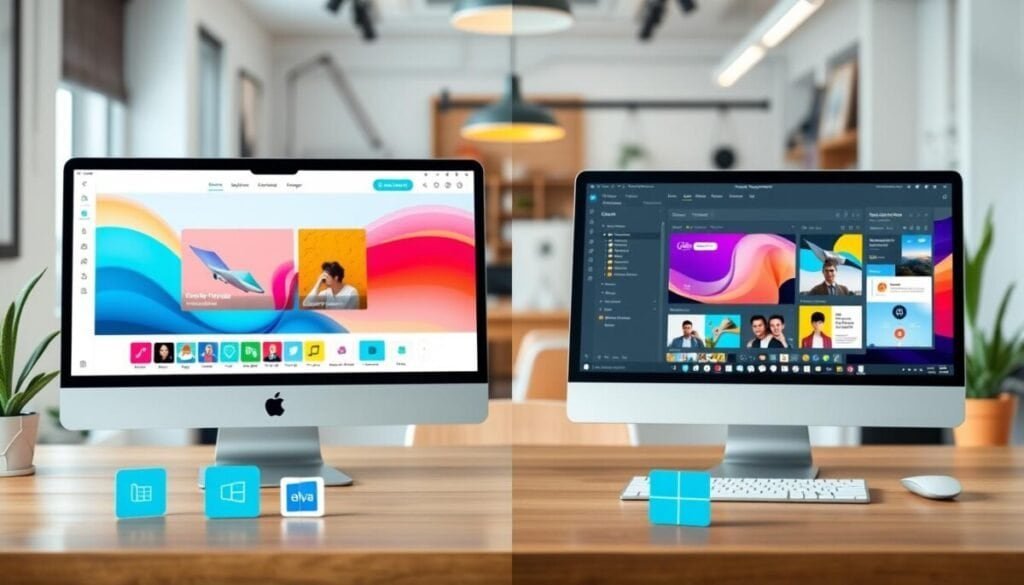 A split-screen illustration showcasing design elements from both Mac and Windows operating systems. On the left, a sleek Mac interface displaying Canva's design tool features, with vibrant graphics, a minimalist toolbar, and bright, natural lighting illuminating the workspace from a window. On the right, a Windows interface with a contrasting colorful workspace, featuring similar Canva elements but styled with a more dynamic layout. The foreground includes strategically placed graphical icons representative of each operating system, while the middle shows a blurred background of stylish office decor, enhancing the professional atmosphere. The overall design is clean and modern, embodying a collaborative yet organized mood, shot from a slight overhead angle for added depth. A split-screen illustration showcasing design elements from both Mac and Windows operating systems. On the left, a sleek Mac interface displaying Canva's design tool features, with vibrant graphics, a minimalist toolbar, and bright, natural lighting illuminating the workspace from a window. On the right, a Windows interface with a contrasting colorful workspace, featuring similar Canva elements but styled with a more dynamic layout. The foreground includes strategically placed graphical icons representative of each operating system, while the middle shows a blurred background of stylish office decor, enhancing the professional atmosphere. The overall design is clean and modern, embodying a collaborative yet organized mood, shot from a slight overhead angle for added depth.
