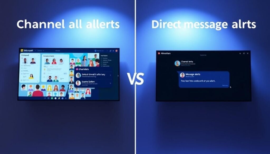 A split-screen visual representation illustrating the differences between channel alerts and direct message alerts in Microsoft Teams. On the left side, depict a vibrant digital workspace showcasing channel notifications: a colorful interface with multiple participant icons representing diverse team members, surrounded by various channel topics and discussions. On the right, illustrate direct message alerts with a more intimate scene, featuring a single chat window with a profile icon and a simple, focused conversation. Use bright, diffused lighting to enhance clarity, and apply a subtle gradient background transitioning from light to dark to emphasize the contrast between the two messaging types. Aim for a professional, tech-savvy mood, capturing the essence of workplace communication tools in an engaging yet informative manner.