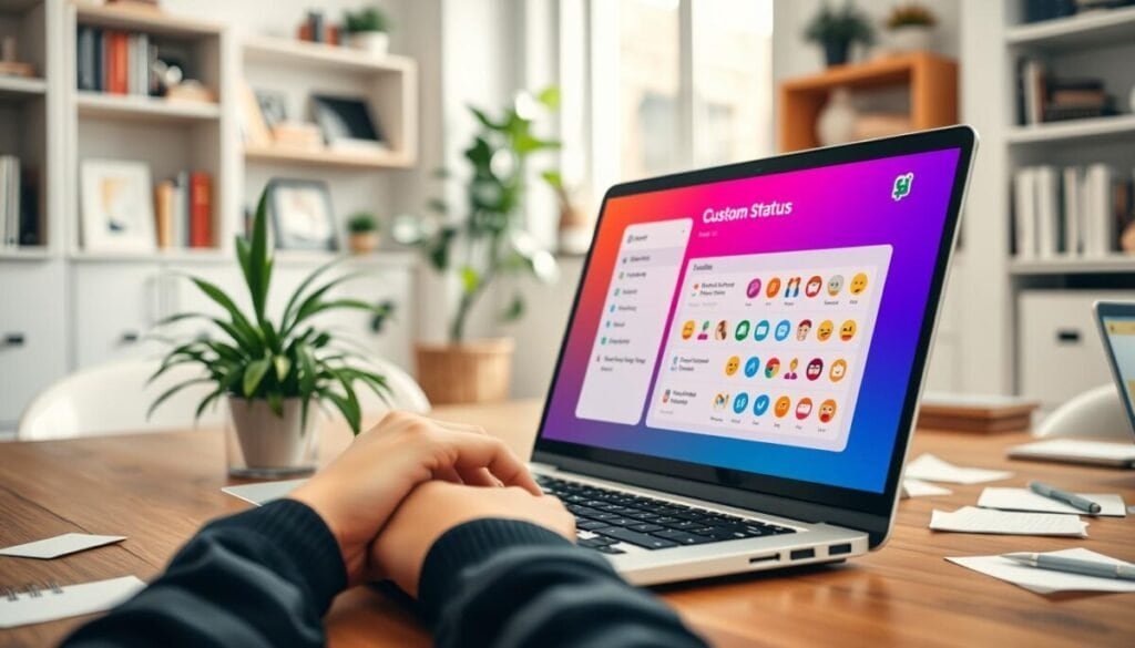 A stylish office environment featuring a sleek computer desk with a laptop displaying a vibrant Slack interface showing the custom status options. In the foreground, a hand is poised over the keyboard, about to set a playful, colorful status emoji. In the middle ground, a plant adds a touch of greenery, and scattered notes reflect a collaborative workspace. The background reveals soft-focus shelves filled with books and decorative items, giving a cozy yet professional vibe. Natural light streams in from a window, creating a warm atmosphere. The composition emphasizes focus and creativity, capturing the essence of modern remote work. A stylish office environment featuring a sleek computer desk with a laptop displaying a vibrant Slack interface showing the custom status options. In the foreground, a hand is poised over the keyboard, about to set a playful, colorful status emoji. In the middle ground, a plant adds a touch of greenery, and scattered notes reflect a collaborative workspace. The background reveals soft-focus shelves filled with books and decorative items, giving a cozy yet professional vibe. Natural light streams in from a window, creating a warm atmosphere. The composition emphasizes focus and creativity, capturing the essence of modern remote work.