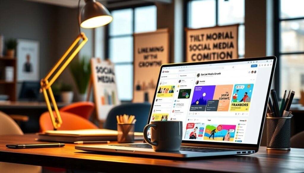 A vibrant and engaging digital workspace focused on social media management, centered around the theme of "Post Planner for Viral Content Curation." In the foreground, showcase a sleek laptop with colorful graphics displayed on the screen, featuring trending posts and analytics in a user-friendly interface. Light spills from a nearby modern desk lamp, creating a warm and inviting atmosphere. In the middle, include a stylish coffee mug and neatly organized stationery, emphasizing productivity. The background reveals a stylish office space with a motivational poster about social media growth and large windows letting in soft natural light. Capture a sense of excitement and innovation in the workspace, invoking ideas of creativity and effective content curation.