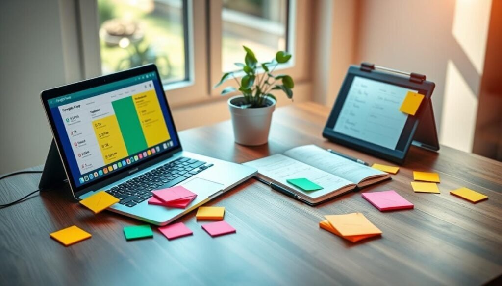 A vibrant and organized workspace featuring a digital clock showing scheduled timed tasks. In the foreground, a sleek laptop rests on a wooden desk, displaying a colorful digital task management interface, such as Google Keep. Scattered around are sticky notes in bright colors, including reminders and checklists. In the middle ground, a potted plant adds a touch of greenery beside a notepad filled with neatly written notes. The background showcases a large window allowing soft, natural light to flood the scene, casting gentle shadows. The atmosphere conveys productivity and focus, suited for a professional setting, with an emphasis on clarity and inspiration in achieving better time management. The angle is slightly overhead to capture the entire scene cohesively. A vibrant and organized workspace featuring a digital clock showing scheduled timed tasks. In the foreground, a sleek laptop rests on a wooden desk, displaying a colorful digital task management interface, such as Google Keep. Scattered around are sticky notes in bright colors, including reminders and checklists. In the middle ground, a potted plant adds a touch of greenery beside a notepad filled with neatly written notes. The background showcases a large window allowing soft, natural light to flood the scene, casting gentle shadows. The atmosphere conveys productivity and focus, suited for a professional setting, with an emphasis on clarity and inspiration in achieving better time management. The angle is slightly overhead to capture the entire scene cohesively.