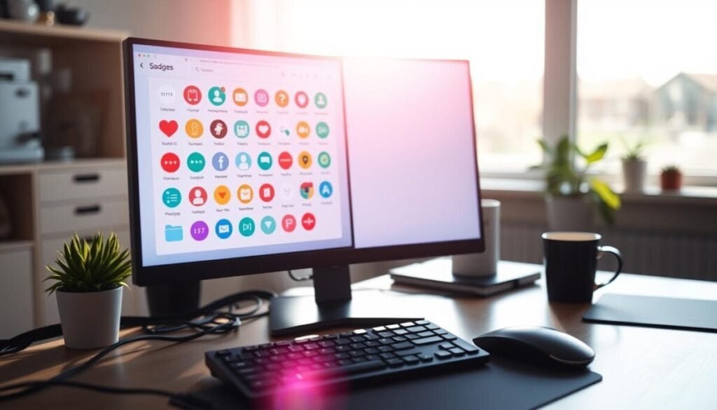 A vibrant desktop scene showcasing badge notifications for a Slack-like application. In the foreground, focus on a sleek computer monitor displaying colorful badge icons representing unread messages and alerts in a visually appealing manner, featuring clear, elegant designs. The middle ground should include a modern, minimalist desk setup with a stylish keyboard and mouse, surrounded by soft-organic elements like a small plant and a coffee mug. In the background, a softly blurred window reveals a bright, sunny day, enhancing the atmosphere of productivity. The lighting should be bright and natural, casting gentle shadows to add depth. The mood conveys focus and organization, ideal for customizing digital notifications in a workplace setting.