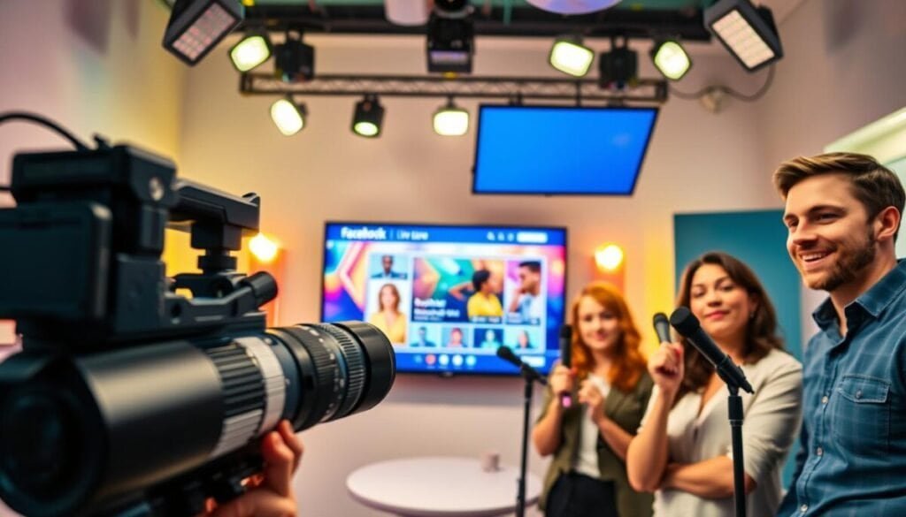 A vibrant, engaging scene depicting a Facebook Live broadcast in action. In the foreground, a diverse group of three professionals, including a Black woman and a Caucasian man, are focused on a high-quality camera, adjusting their microphones and preparing to go live. They are dressed in smart casual clothing, conveying an atmosphere of professionalism and enthusiasm. In the middle, a large digital screen displays the Facebook Live interface, with vibrant colors and icons, showing viewer engagement metrics. In the background, a modern studio environment with soft lighting, overhead lights highlighting the hosts, and microphones arranged neatly. The mood is energetic, with bright, inviting colors creating a sense of connection and engagement. The angle is slightly above eye level, showcasing the excitement in the room while maintaining a clear focus on the hosts and the live broadcast screen. A vibrant, engaging scene depicting a Facebook Live broadcast in action. In the foreground, a diverse group of three professionals, including a Black woman and a Caucasian man, are focused on a high-quality camera, adjusting their microphones and preparing to go live. They are dressed in smart casual clothing, conveying an atmosphere of professionalism and enthusiasm. In the middle, a large digital screen displays the Facebook Live interface, with vibrant colors and icons, showing viewer engagement metrics. In the background, a modern studio environment with soft lighting, overhead lights highlighting the hosts, and microphones arranged neatly. The mood is energetic, with bright, inviting colors creating a sense of connection and engagement. The angle is slightly above eye level, showcasing the excitement in the room while maintaining a clear focus on the hosts and the live broadcast screen.