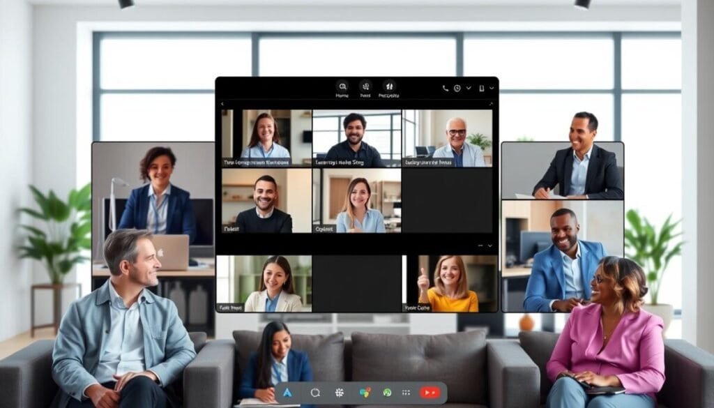 A vibrant, modern Google Meet layout with multiple participants displayed in a grid view. The foreground features well-dressed individuals of diverse backgrounds engaged in a lively discussion, sitting comfortably in professional home office settings. Each participant's video box shines with subtle digital accents, showcasing a sense of connection. In the middle ground, the interface of Google Meet is visible, highlighting the customizable features like background blur and grid options. The background displays a virtual backdrop of a sleek, modern office, softly lit with natural light filtering through a window. The atmosphere is collaborative and productive, emphasizing the effective use of video conferencing tools and showcasing various settings that enhance the virtual meeting experience. A vibrant, modern Google Meet layout with multiple participants displayed in a grid view. The foreground features well-dressed individuals of diverse backgrounds engaged in a lively discussion, sitting comfortably in professional home office settings. Each participant's video box shines with subtle digital accents, showcasing a sense of connection. In the middle ground, the interface of Google Meet is visible, highlighting the customizable features like background blur and grid options. The background displays a virtual backdrop of a sleek, modern office, softly lit with natural light filtering through a window. The atmosphere is collaborative and productive, emphasizing the effective use of video conferencing tools and showcasing various settings that enhance the virtual meeting experience.