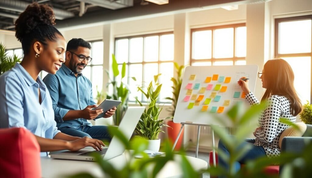 A vibrant, modern office space showcasing a small team of three diverse professionals collaborating on social media content. In the foreground, a young Black woman wearing smart casual attire is focused on her laptop, while a South Asian man in a crisp shirt shares ideas using a digital tablet. Next to them, a Hispanic woman is sketching out a social media plan on a whiteboard, filled with colorful post-it notes. The middle ground features lush indoor plants and stylish furniture, emphasizing a creative environment. In the background, large windows let in bright, natural light, casting a warm glow across the room. The atmosphere is dynamic and collaborative, reflecting the energy of a small team working efficiently together. A vibrant, modern office space showcasing a small team of three diverse professionals collaborating on social media content. In the foreground, a young Black woman wearing smart casual attire is focused on her laptop, while a South Asian man in a crisp shirt shares ideas using a digital tablet. Next to them, a Hispanic woman is sketching out a social media plan on a whiteboard, filled with colorful post-it notes. The middle ground features lush indoor plants and stylish furniture, emphasizing a creative environment. In the background, large windows let in bright, natural light, casting a warm glow across the room. The atmosphere is dynamic and collaborative, reflecting the energy of a small team working efficiently together.