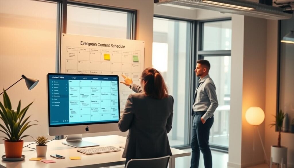 A vibrant office workspace featuring a large wall calendar highlighting an “Evergreen Content Schedule” for TikTok videos. In the foreground, a sleek desk with a modern computer setup displays an open content planning tool glowing on the screen, surrounded by colorful post-it notes and a potted plant. In the middle ground, a person in smart casual attire reviews the schedule on the wall, pointing at significant dates with enthusiasm. The background reveals large windows letting in natural light, accentuating a productive atmosphere. Soft, warm lighting enhances the creativity and focus in the room, creating an inviting and motivational vibe, ideal for planning engaging content. The image should be bright, organized, and depict a sense of workflow and efficiency. A vibrant office workspace featuring a large wall calendar highlighting an “Evergreen Content Schedule” for TikTok videos. In the foreground, a sleek desk with a modern computer setup displays an open content planning tool glowing on the screen, surrounded by colorful post-it notes and a potted plant. In the middle ground, a person in smart casual attire reviews the schedule on the wall, pointing at significant dates with enthusiasm. The background reveals large windows letting in natural light, accentuating a productive atmosphere. Soft, warm lighting enhances the creativity and focus in the room, creating an inviting and motivational vibe, ideal for planning engaging content. The image should be bright, organized, and depict a sense of workflow and efficiency.
