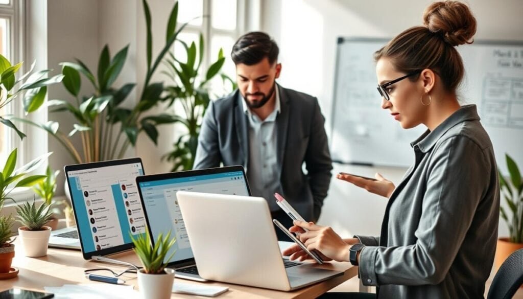 A vibrant office workspace scene featuring a diverse group of professionals engaged in a collaborative discussion about managing Slack threads. In the foreground, a confident young woman in smart casual attire is demonstrating on a laptop, with a visible Slack interface on the screen showing organized threads. In the middle ground, two colleagues—one male and one female, both in business casual wear—are attentively listening and taking notes. Soft, natural lighting filters through large windows, casting a warm glow on the room filled with plants and tech gadgets. In the background, a whiteboard showcases flowcharts and notes related to thread management. The atmosphere is focused and productive, conveying a sense of teamwork and efficiency. A vibrant office workspace scene featuring a diverse group of professionals engaged in a collaborative discussion about managing Slack threads. In the foreground, a confident young woman in smart casual attire is demonstrating on a laptop, with a visible Slack interface on the screen showing organized threads. In the middle ground, two colleagues—one male and one female, both in business casual wear—are attentively listening and taking notes. Soft, natural lighting filters through large windows, casting a warm glow on the room filled with plants and tech gadgets. In the background, a whiteboard showcases flowcharts and notes related to thread management. The atmosphere is focused and productive, conveying a sense of teamwork and efficiency.