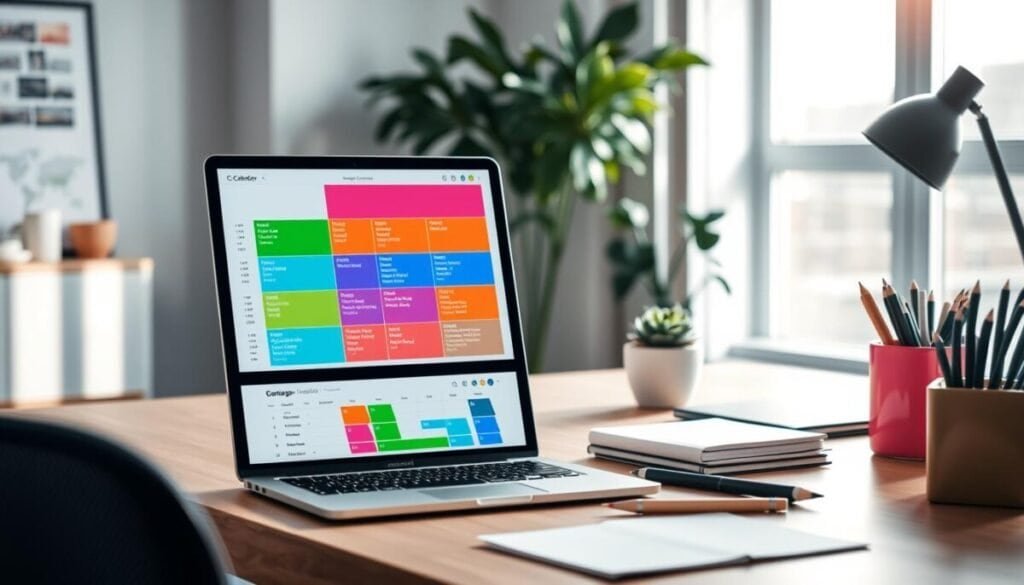 A vibrant, organized workspace featuring a digital calendar interface displayed prominently in foreground, showcasing a color-coded system for productivity. The calendar is divided into blocks of vivid colors representing different types of tasks, such as deep work, meetings, and personal time. In the middle ground, a sleek laptop with an open calendar app sits atop a minimalist desk adorned with a stylish plant and stationery. The background features a well-lit, modern office setting with soft natural light streaming through a window, casting gentle shadows. The mood is focused and serene, evoking a sense of clarity and purpose, ideal for enhancing productivity and deep work sessions. The image should be free of any markings or text overlays. A vibrant, organized workspace featuring a digital calendar interface displayed prominently in foreground, showcasing a color-coded system for productivity. The calendar is divided into blocks of vivid colors representing different types of tasks, such as deep work, meetings, and personal time. In the middle ground, a sleek laptop with an open calendar app sits atop a minimalist desk adorned with a stylish plant and stationery. The background features a well-lit, modern office setting with soft natural light streaming through a window, casting gentle shadows. The mood is focused and serene, evoking a sense of clarity and purpose, ideal for enhancing productivity and deep work sessions. The image should be free of any markings or text overlays.