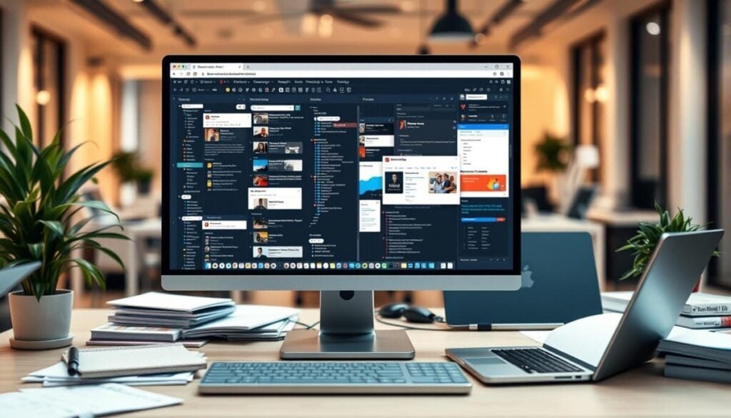 A visually compelling representation of "tab groups limitations" in a digital workspace context. In the foreground, a computer screen displays an intricate layout of browser tabs, illustrating various organized groups and a few visibly chaotic ones, reflecting limitations in organization. The middle ground includes a desk cluttered with notepads, a laptop, and a potted plant, creating a relatable, work-focused atmosphere. The background features a soft-focus view of a modern office with warm lighting that evokes concentration and effort. The scene captures an air of mild frustration yet determination, as if users are navigating through the complexities of collaborative projects. The composition should be balanced, with a depth of field that emphasizes the computer screen while keeping the workspace inviting and professional. A visually compelling representation of "tab groups limitations" in a digital workspace context. In the foreground, a computer screen displays an intricate layout of browser tabs, illustrating various organized groups and a few visibly chaotic ones, reflecting limitations in organization. The middle ground includes a desk cluttered with notepads, a laptop, and a potted plant, creating a relatable, work-focused atmosphere. The background features a soft-focus view of a modern office with warm lighting that evokes concentration and effort. The scene captures an air of mild frustration yet determination, as if users are navigating through the complexities of collaborative projects. The composition should be balanced, with a depth of field that emphasizes the computer screen while keeping the workspace inviting and professional.
