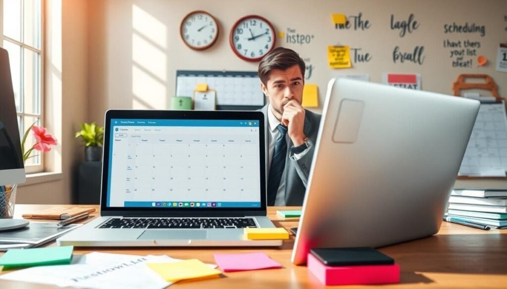 A visually engaging and educational illustration displaying common mistakes to avoid when scheduling Twitter threads. In the foreground, depict a neatly organized desk with a laptop showing a scheduling application, empty to-do lists, and colorful sticky notes with reminders. In the middle ground, include a thoughtful professional in smart casual attire, analyzing the screen with a concerned expression. The background should feature a wall with a calendar, wall clock, and motivational quotes, promoting productivity. The scene should be brightly lit with natural sunlight filtering through a window, creating a warm and inviting atmosphere. Use a slightly angled perspective to emphasize the focus on the mistakes being addressed. A visually engaging and educational illustration displaying common mistakes to avoid when scheduling Twitter threads. In the foreground, depict a neatly organized desk with a laptop showing a scheduling application, empty to-do lists, and colorful sticky notes with reminders. In the middle ground, include a thoughtful professional in smart casual attire, analyzing the screen with a concerned expression. The background should feature a wall with a calendar, wall clock, and motivational quotes, promoting productivity. The scene should be brightly lit with natural sunlight filtering through a window, creating a warm and inviting atmosphere. Use a slightly angled perspective to emphasize the focus on the mistakes being addressed.