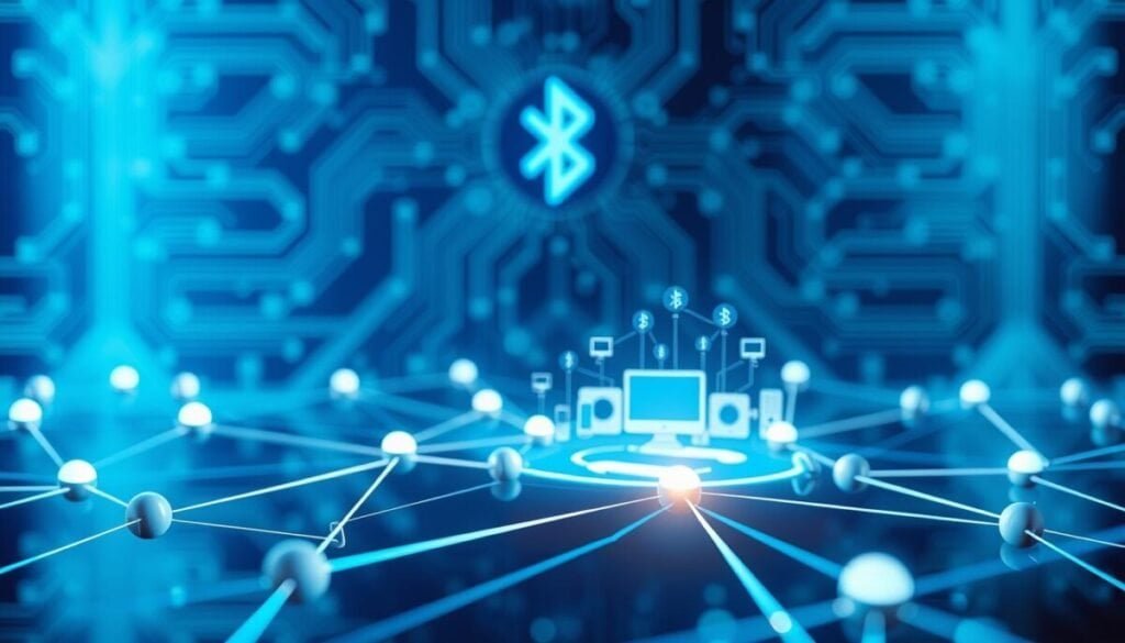 A visually engaging depiction of a Bluetooth mesh network, focusing on interconnected nodes representing devices. In the foreground, glowing nodes are connected by dynamic lines of light, showcasing data flow. In the middle, a stylized graphic representation of the mesh network expands, with various devices like smartphones, tablets, and IoT gadgets illustrated in sleek designs. The background features an abstract circuit board pattern, subtly hinting at technology, with a cool blue and green color palette to evoke a modern, high-tech feel. Soft, ambient lighting casts a futuristic glow over the scene, creating an atmosphere of innovation and connectivity. The overall composition should be sharp and clear, with a slightly elevated angle to enhance depth and perspective.