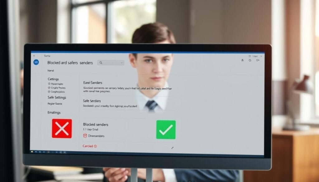 A visually engaging digital illustration depicting a computer screen with a neatly organized email interface representing "blocked and safe senders" in Outlook. In the foreground, a close-up view of the email application shows two distinct sections: one labeled "Blocked Senders" with a red cross icon, and another labeled "Safe Senders" featuring a green checkmark. In the middle ground, a professional businessperson in smart attire focuses intently on the screen, navigating the settings. The background features a softly blurred office environment, adding a sense of professionalism and focus. Soft, natural lighting from a nearby window creates an inviting atmosphere, and a shallow depth of field emphasizes the importance of email organization, conveying a mood of productivity and clarity. A visually engaging digital illustration depicting a computer screen with a neatly organized email interface representing "blocked and safe senders" in Outlook. In the foreground, a close-up view of the email application shows two distinct sections: one labeled "Blocked Senders" with a red cross icon, and another labeled "Safe Senders" featuring a green checkmark. In the middle ground, a professional businessperson in smart attire focuses intently on the screen, navigating the settings. The background features a softly blurred office environment, adding a sense of professionalism and focus. Soft, natural lighting from a nearby window creates an inviting atmosphere, and a shallow depth of field emphasizes the importance of email organization, conveying a mood of productivity and clarity.