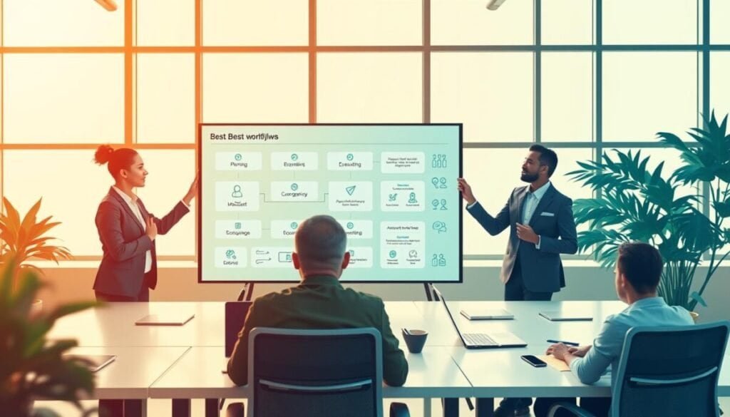 A visually engaging illustration of a "best practices workflow" for designing effective Slack workflows. In the foreground, a diverse group of three professional individuals in business attire are collaborating over a large digital screen displaying flowcharts and icons representing workflow steps like planning, executing, and monitoring. In the middle ground, sleek desks with laptops and notepads can be seen, emphasizing a modern office environment. The background features large windows letting in warm, natural light, creating a productive atmosphere. The image should have a vibrant color palette with a focus on greens and blues to evoke a sense of growth and clarity. The overall mood is dynamic and collaborative, highlighting teamwork and efficiency in the design process. A visually engaging illustration of a "best practices workflow" for designing effective Slack workflows. In the foreground, a diverse group of three professional individuals in business attire are collaborating over a large digital screen displaying flowcharts and icons representing workflow steps like planning, executing, and monitoring. In the middle ground, sleek desks with laptops and notepads can be seen, emphasizing a modern office environment. The background features large windows letting in warm, natural light, creating a productive atmosphere. The image should have a vibrant color palette with a focus on greens and blues to evoke a sense of growth and clarity. The overall mood is dynamic and collaborative, highlighting teamwork and efficiency in the design process.