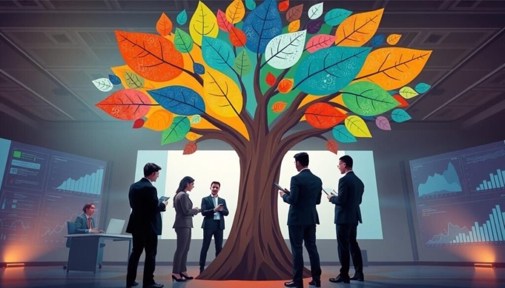 A visually engaging illustration representing "content pillars" for a brand in the context of social media strategy. In the foreground, a large, stylized tree with vibrant, abstract leaves symbolizing different content areas such as education, entertainment, and engagement. Each leaf is uniquely shaped and textured, showcasing a range of colors that reflect creativity. In the middle ground, a diverse group of professionals in smart business attire are gathered around the tree, actively discussing and taking notes. The background features a sleek digital workspace with graphs and dynamic charts projected on screens, bathed in soft, warm lighting to create an inviting atmosphere. A camera angle from slightly below the tree, looking up towards the professionals and the colorful leaves, encourages a sense of aspiration and growth.