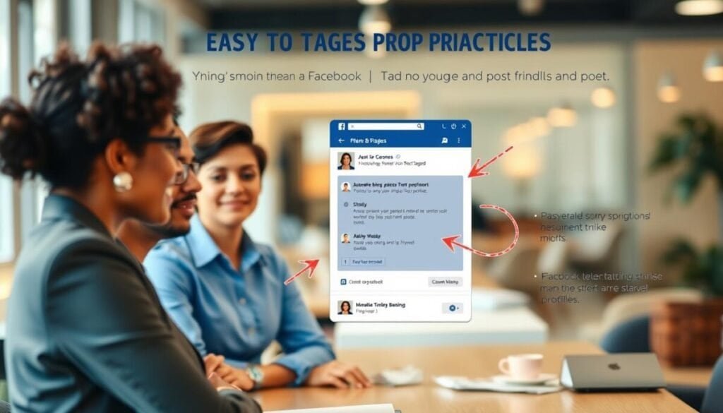 A visually engaging infographic illustrating best practices for tagging friends and pages on Facebook. In the foreground, show a diverse group of three professionals in business attire, attentively discussing how to effectively tag each other’s profiles. In the middle, create a stylized representation of a Facebook post that includes tags, with arrows indicating the tagging process and icons of friends and pages being tagged. The background features a softly blurred office environment with warm, natural lighting, evoking a collaborative atmosphere. The mood is informative and friendly, emphasizing clear communication and teamwork in social media interactions. The overall composition should be balanced and visually appealing, without any text or logos. A visually engaging infographic illustrating best practices for tagging friends and pages on Facebook. In the foreground, show a diverse group of three professionals in business attire, attentively discussing how to effectively tag each other’s profiles. In the middle, create a stylized representation of a Facebook post that includes tags, with arrows indicating the tagging process and icons of friends and pages being tagged. The background features a softly blurred office environment with warm, natural lighting, evoking a collaborative atmosphere. The mood is informative and friendly, emphasizing clear communication and teamwork in social media interactions. The overall composition should be balanced and visually appealing, without any text or logos.