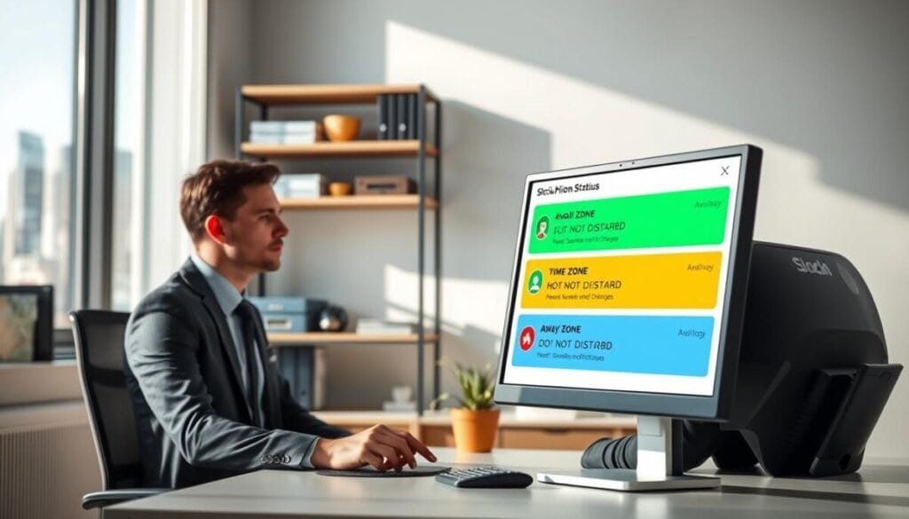 A visually engaging office scene illustrating availability status notifications. In the foreground, a sleek computer monitor displays colorful Slack notifications categorized by time zone and status—green for available, yellow for away, and red for do not disturb. A well-dressed professional, with a focused expression, is seated at the desk, reviewing the notifications on the screen. In the middle ground, shelves filled with office supplies and a small plant add a touch of warmth and life. The bright, natural lighting filters through a large window, creating a productive atmosphere. In the background, a city skyline visible through the window represents diverse time zones. The mood is concentrated yet balanced, emphasizing the importance of managing notifications for a healthy work-life balance.