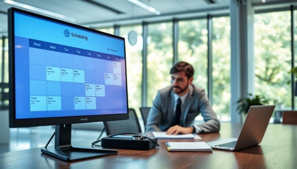 A visually engaging representation of "Kronologic Scheduling" in a modern office setting. In the foreground, feature a sleek digital calendar interface displayed on a high-resolution computer screen, filled with well-organized blocks of time indicating meetings and focus times, illuminated by soft blue light. In the middle ground, position a professional businessperson, dressed in business attire, analyzing the calendar with a focused expression, surrounded by notes and a laptop. The background should depict a contemporary office space with large windows letting in natural light, greenery visible outside, creating a serene atmosphere. The overall mood should be optimistic and productive, emphasizing the smart use of AI for efficient scheduling. The image should maintain a clean and professional aesthetic without any distractions.