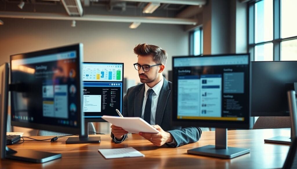 A visually striking comparison of various third-party scheduling tools displayed on multiple computer screens in a modern office setting. In the foreground, sleek, high-resolution monitors show different scheduling platforms with colorful, user-friendly interfaces, showcasing calendar views and social media post options. The middle ground features a professional individual, dressed in smart business attire, thoughtfully analyzing the screens, with a notepad and pen in hand, conveying an air of productivity and focus. The background includes bright, ambient office lighting streaming through a large window, casting a warm glow, enhancing the atmosphere of efficiency. The scene should feel inviting and dynamic, emphasizing the effectiveness and versatility of scheduling tools in a workspace.