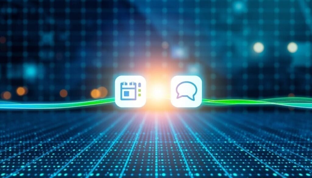 A visually striking conceptual illustration of "bidirectional data synchronization". In the foreground, two glowing data streams in vibrant blue and green are depicted intertwining, representing the flow of information between two separate applications. The middle ground features two stylized, modern application icons, one for a project management tool and another for a communication app, connected by the streams. The background is a sleek, abstract digital grid, evoking a tech-savvy atmosphere with soft, ambient lighting to suggest innovation and connectivity. The composition should be captured at a slight angle to create depth. A sense of collaboration and efficiency permeates the image, highlighting the theme of overcoming challenges in synchronizing data across platforms. A visually striking conceptual illustration of "bidirectional data synchronization". In the foreground, two glowing data streams in vibrant blue and green are depicted intertwining, representing the flow of information between two separate applications. The middle ground features two stylized, modern application icons, one for a project management tool and another for a communication app, connected by the streams. The background is a sleek, abstract digital grid, evoking a tech-savvy atmosphere with soft, ambient lighting to suggest innovation and connectivity. The composition should be captured at a slight angle to create depth. A sense of collaboration and efficiency permeates the image, highlighting the theme of overcoming challenges in synchronizing data across platforms.
