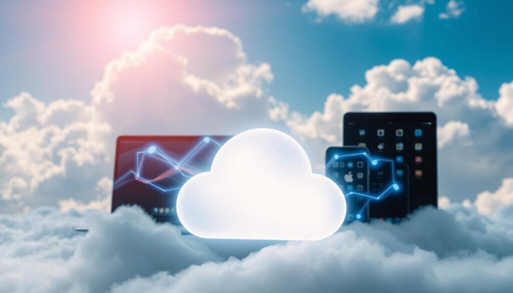 A visually striking depiction of the iCloud cloud storage icon seamlessly integrated within a digital landscape. In the foreground, the iconic iCloud logo glows softly, emanating a sense of digital connectivity. The middle ground features a sleek, modern interface showcasing various Apple devices—such as a MacBook, iPhone, and iPad—where data flows between them in vibrant streams of light symbolizing seamless synchronization. The background is a serene blue sky filled with fluffy white clouds, evoking the idea of storage in the cloud. Soft, diffused lighting creates a calm and inviting atmosphere, while a slight lens flare from the upper corner adds a touch of professionalism. Capture a sense of innovation and reliability inherent in the Apple ecosystem for users embracing iCloud's services.